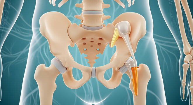 Human pelvis and femur with a total hip replacement implant, showcasing orthopedic surgery