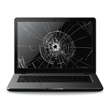 A laptop with a shattered screen displaying cracks