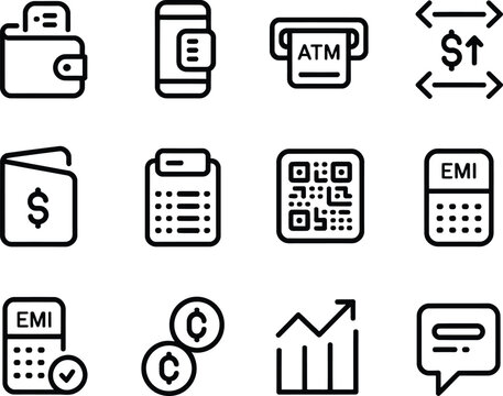 Finance and Payment Line Icons Set Wallet ATM QR Code EMI Transaction Money Outline Vector Collection for UI UX Web and App Design
