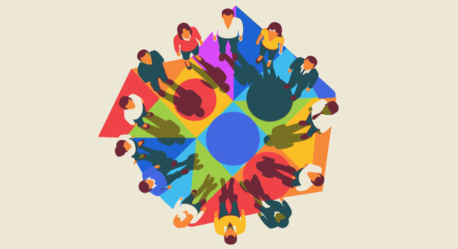 Diverse group of people standing in a circle on a colorful geometric background, viewed from above