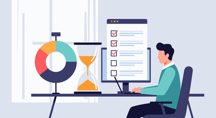 Naklejka premium Man working at desk with computer, hourglass, and pie chart representing time management and productivity