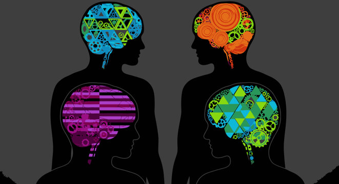 Abstract representation of two brains with gears and geometric patterns, symbolizing intellect, creativity, and thought processes.