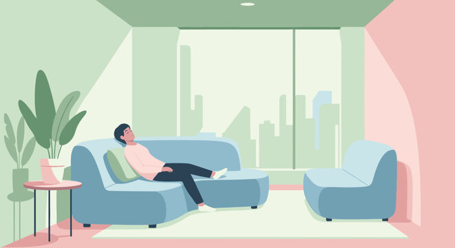 Peaceful Young Man Resting on a Comfortable Sofa in a Modern Living Room with Sunlight Streaming Through the Window, Enjoying Quiet Time and Relaxation.