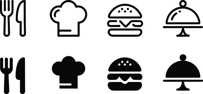 Food and Restaurant Line Icons Set Fork Chef Hat Burger Serving Tray Catering Outline Vector Collection for UI UX Web and App Design
