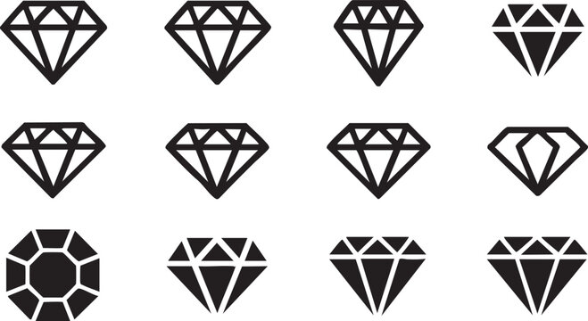 Silhouette diamond icon collection with gemstone and jewelry elements