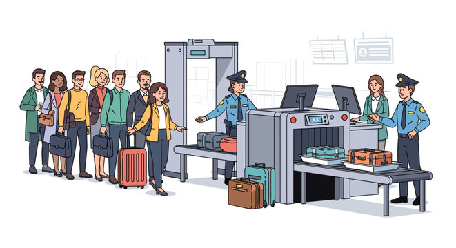 People queuing at an airport security checkpoint with luggage being scanned by security personnel.