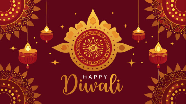 Golden diwali festival emblem with lit oil lamps and flowers