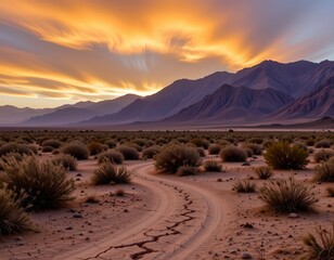 Sunset Over Desert Path Through Rugged
