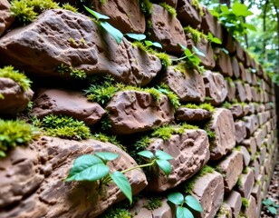 Ancient Mosscovered Stone Wall with Ferns Natural Light