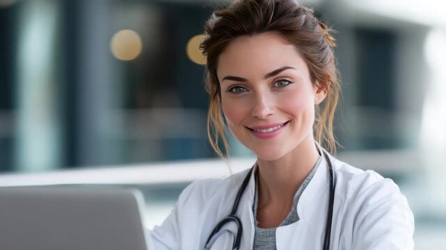 Dedicated Healthcare Professional at Work: A close-up of a smiling medical professional, radiating confidence, at work with a stethoscope, embodying care and expertise.