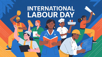 High-quality illustration or photo for International Labour Day, featuring diverse workers in action, vibrant and professional composition
