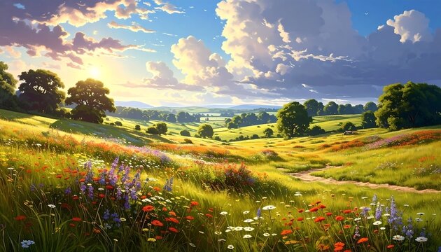 A serene landscape of rolling hills and wildflowers