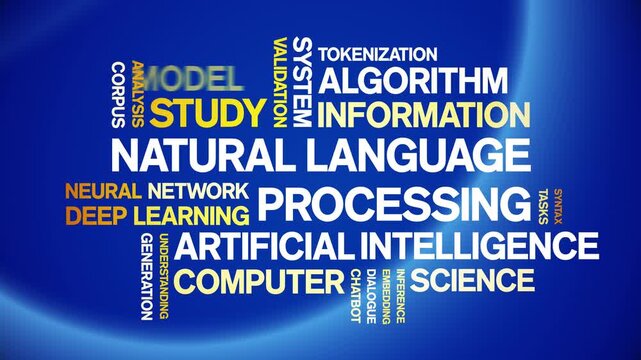 Natural Language Processing animated word cloud-text design animation tag kinetic typography seamless loop.