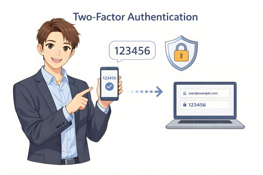 AI生成 二段階認証の仕組みを解説するビジネスイラスト スマートフォン認証コードとログインセキュリティ