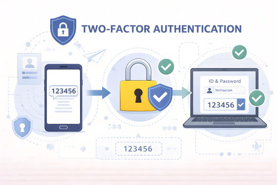 AI生成 二段階認証の仕組みを解説するビジネスイラスト スマートフォン認証コードとログインセキュリティ