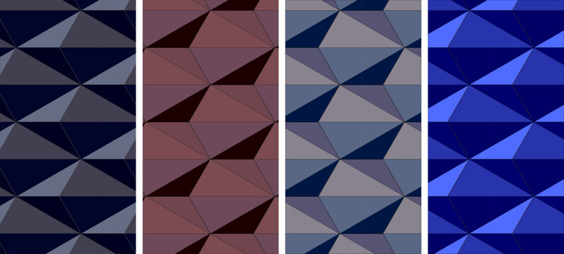 Geometric seamless pattern set of 3 vector backgrounds, abstract 3D polygon textures in purple orange and yellow, modern repeating mosaic wallpaper