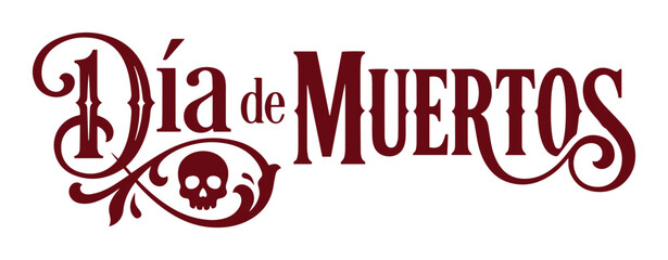 死者の日、メキシコの伝統的な祝祭を祝うビンテージ風の赤い文字デザイン、装飾的な頭蓋骨と蔓のアクセント、文化的なイベントや祭りのためのベクターイラスト © AnilaStudio