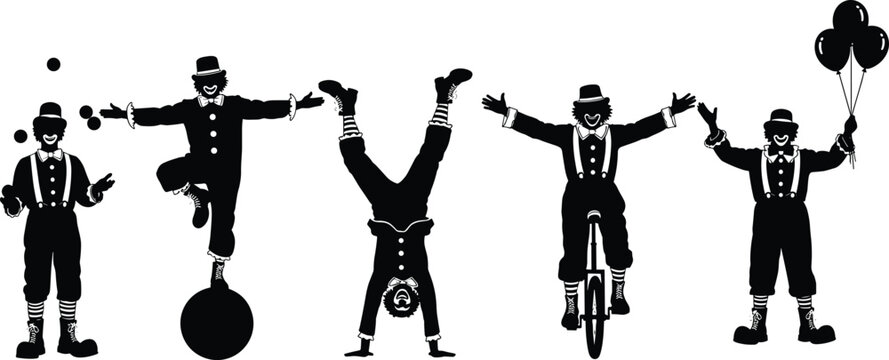 Set of Circus Clown Silhouettes Featuring Juggling Performance Riding Unicycle Balancing on Ball Handstand and Holding Balloons for Carnival Event Party Entertainment and Fun Vector Graphics