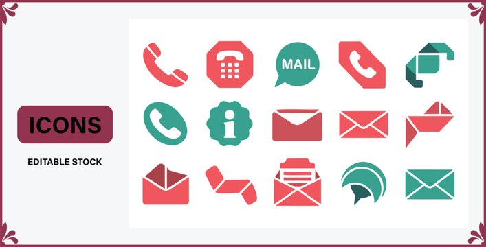 Collection of various colorful communication and mail icons on white background for business and design use  editable stock