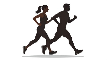 Fototapeta premium Silhouette of a man and woman running together, exercising outdoors for fitness and health.