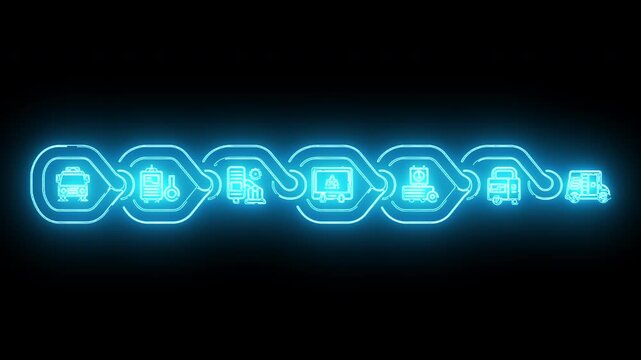 Neon-lit blue chain of connected icons representing various transportation modes on a dark background with a futuristic feel.