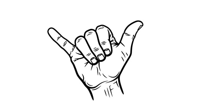 Hand gesture shaka sign, hang loose symbol, surfing culture, isolated on white background, black and white line art.