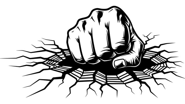 Fist breaking through cracked surface, symbol of power, strength, and destruction