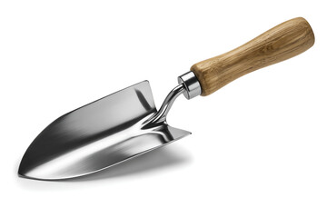 Obraz premium Stainless Steel Garden Trowel with Ergonomic Wooden Handle Isolated on White