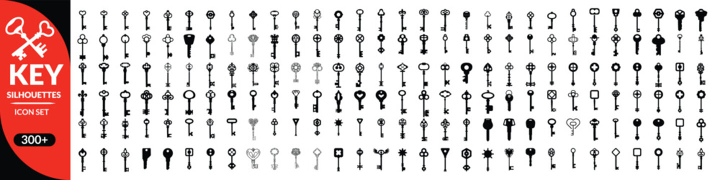 Key silhouettes, Antique key silhouettes. Medieval and modern keys, black vintage shapes set. Open door symbols, privacy and escape. Abstract tidy vector elements