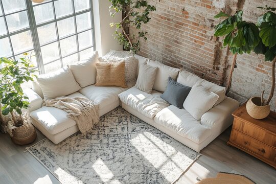 Top view of a stylish living room interior with a couch and commode, featuring a window to enhance the space's natural light, Generative AI