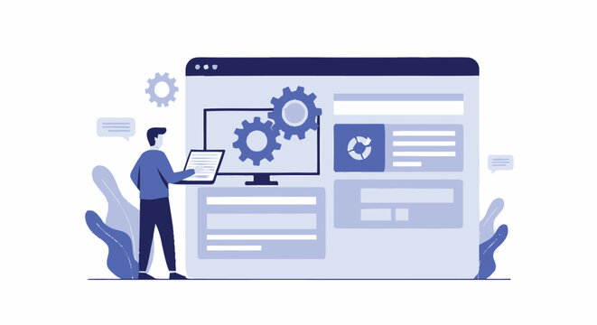 Web Development Interface with Gears and Person Holding Laptop.