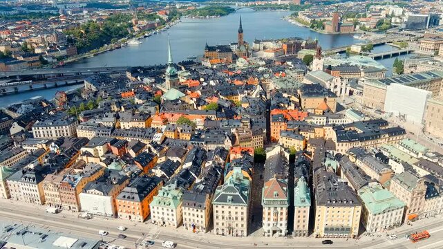 Stockholm, Sweden. Old Town (Gamla Stan). Saint Gertrude, German Church - Lutheran Church. Panorama of the city. Summer day. Drone footage
