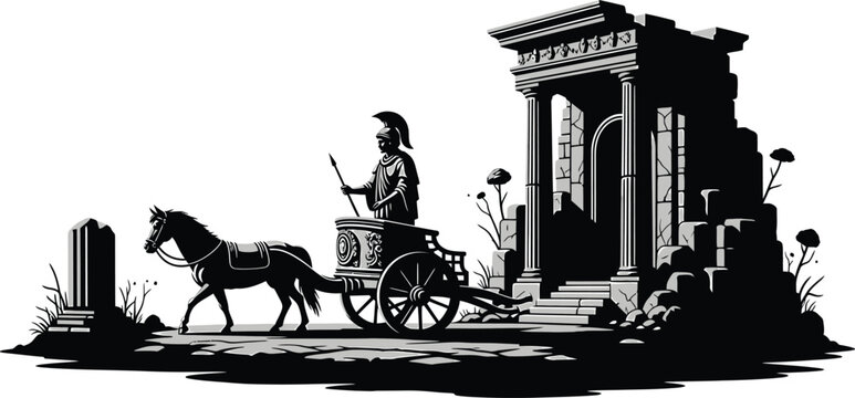 Ancient Greek Man Riding Horse-Drawn Chariot beside Ruins