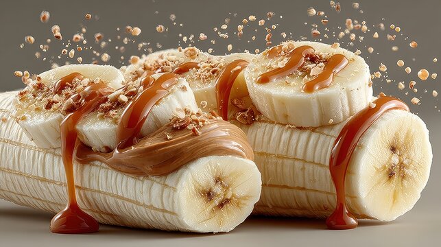 Delicious ripe bananas topped with creamy chocolate spread and sprinkled with crunchy nuts and caramel syrup