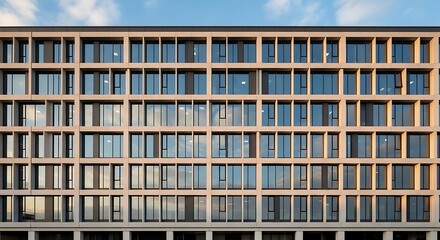 Obraz premium Modern urban architecture facade featuring a repetitive glass window pattern on a concrete apartment building exterior under a clear blue sky