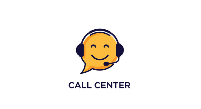 Call center service logo featuring happy smiling chat bubble wearing professional headset for customer support and communication.