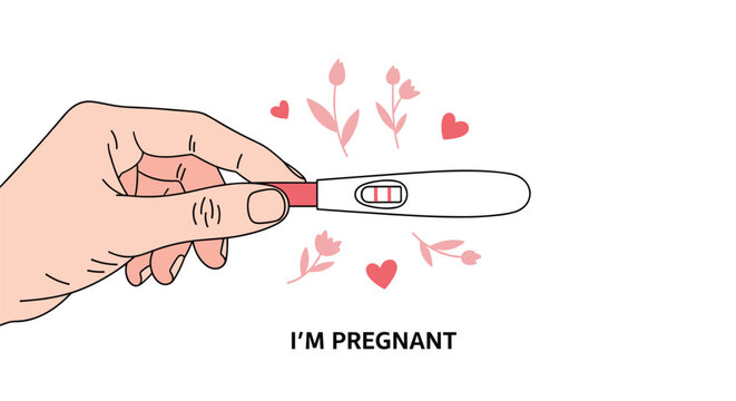 Hand holding a positive pregnancy test with two red lines against a background of decorative flowers and hearts for joyful news.