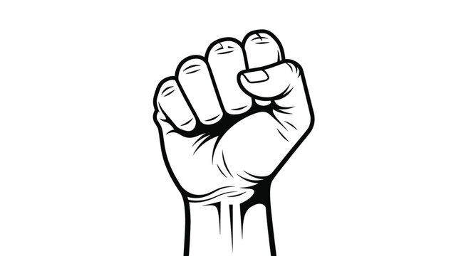 Black and white line drawing of a raised clenched fist representing strength, solidarity, resistance, and the fight for human rights.