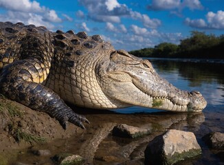 Fototapeta premium Formidable Crocodile Resting on a Sandy Riverbank Under Dramatic Low-Angle Sunlight