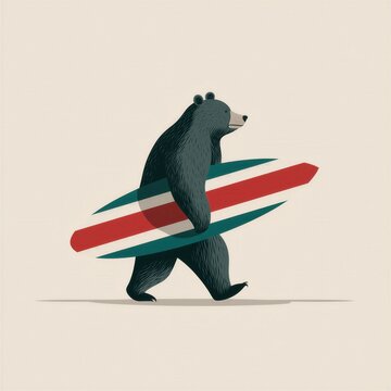 A bear walks confidently with a surfboard under his arm.