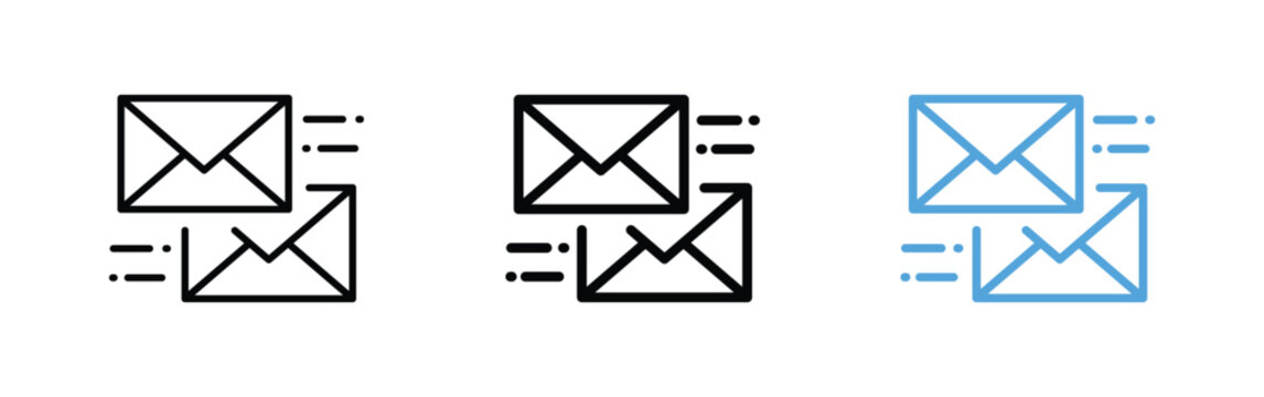 Email communication icon with envelopes and motion lines representing message sending, fast delivery, digital correspondence for web and app interface design. Transparent PNG and vector