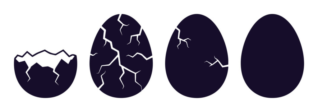 Cracked egg hatching sequence vector icons, dark purple eggshell breaking process, set of 4 stages showing birth and growth progress