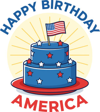 Happy birthday america celebration with blue cake and american flag on top isolated on white background