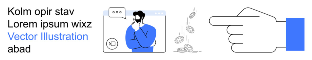 Business concepts, decision-making, focus, strategy, interaction, communication. A man stands thinking on a digital interface with a pointing hand and floating elements. Business concepts © robu_s