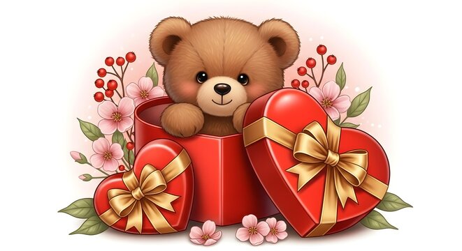 Title adorable teddy bear with gifts a heartwarming valentine's day illustration description a charming illustration features a cute teddy bear peeking out