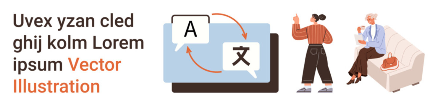Language learning, localization, communication, cultural exchange, global interaction, education. Speech bubbles with translation arrows. Language learning and localization concept