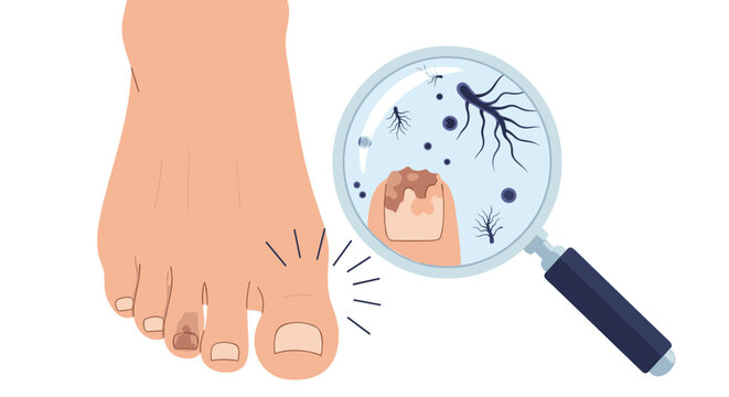 Close up of a foot with a fungal nail infection being examined under a magnifying glass showing microscopic germs.