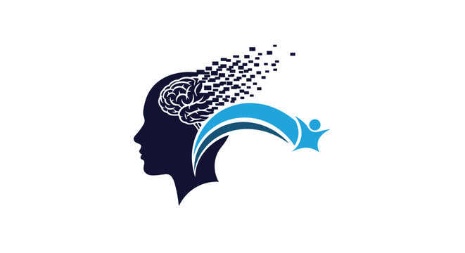 Logo of a human head with pixelated brain parts turning into a flying figure representing mental transformation.