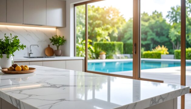 Bright kitchen interior with a marble island and a view of a pool and lush greenery outside