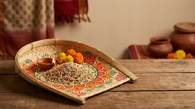 A traditional Bengali offering Puffed rice, marigold flowers, and a glowing diya in a beautifully decorated bamboo winnowing fan, symbolizing devotion and prosperity